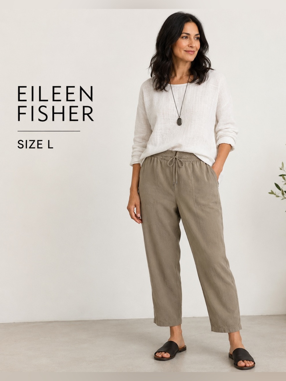 Eileen Fisher Taupe Drawstring Cropped Pants Size L 100% Silk Pull-On